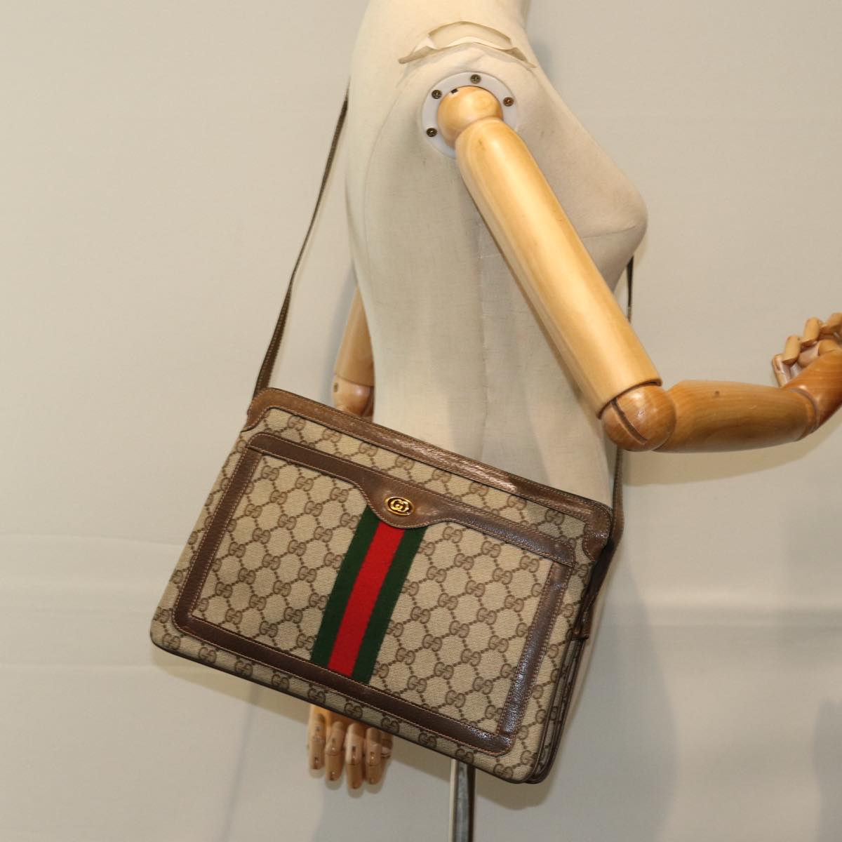 GUCCI GG Supreme Web Sherry Line Shoulder Bag PVC Beige 904 02 013 76634