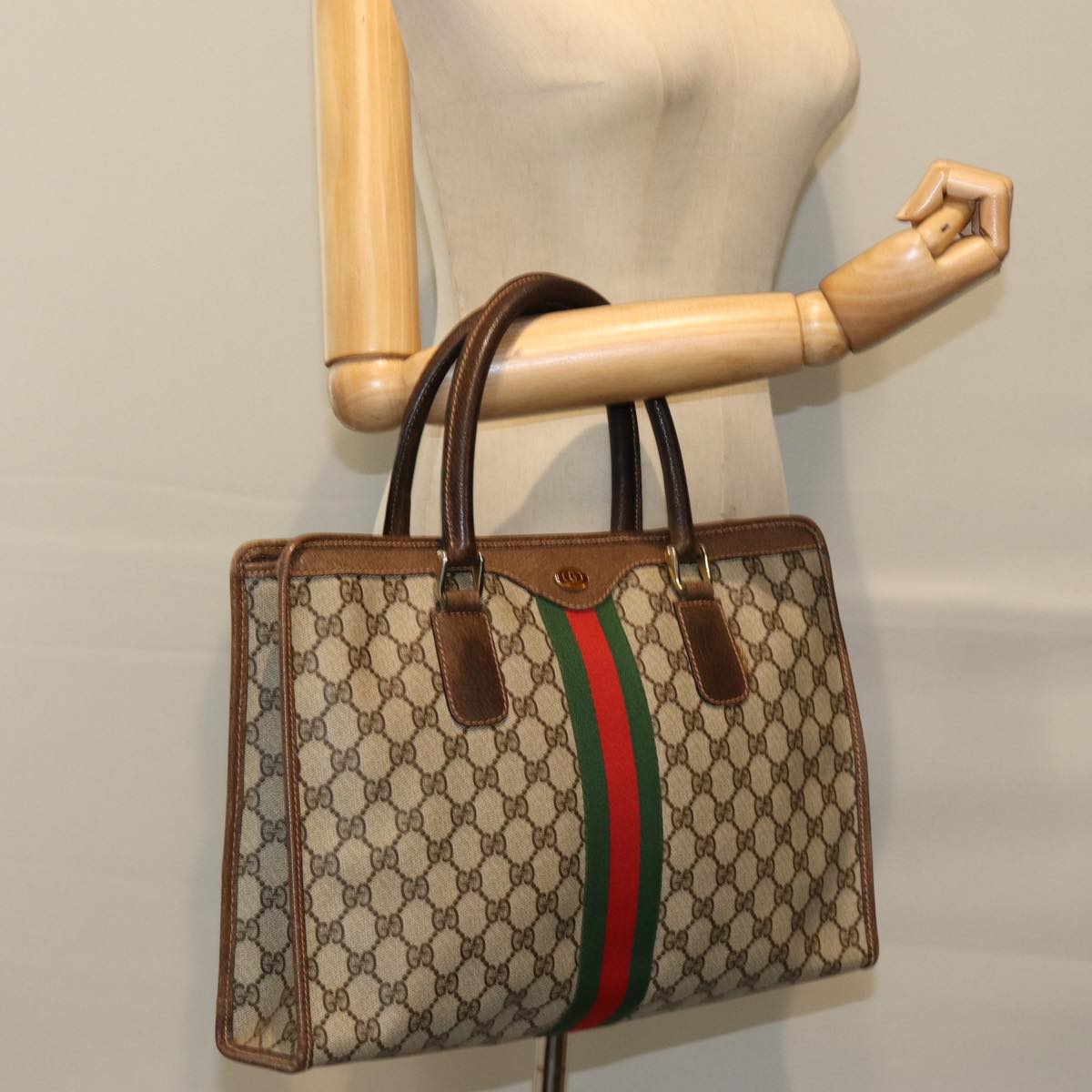 GUCCI GG Supreme Web Sherry Line Hand Bag PVC Beige Red Green 76635