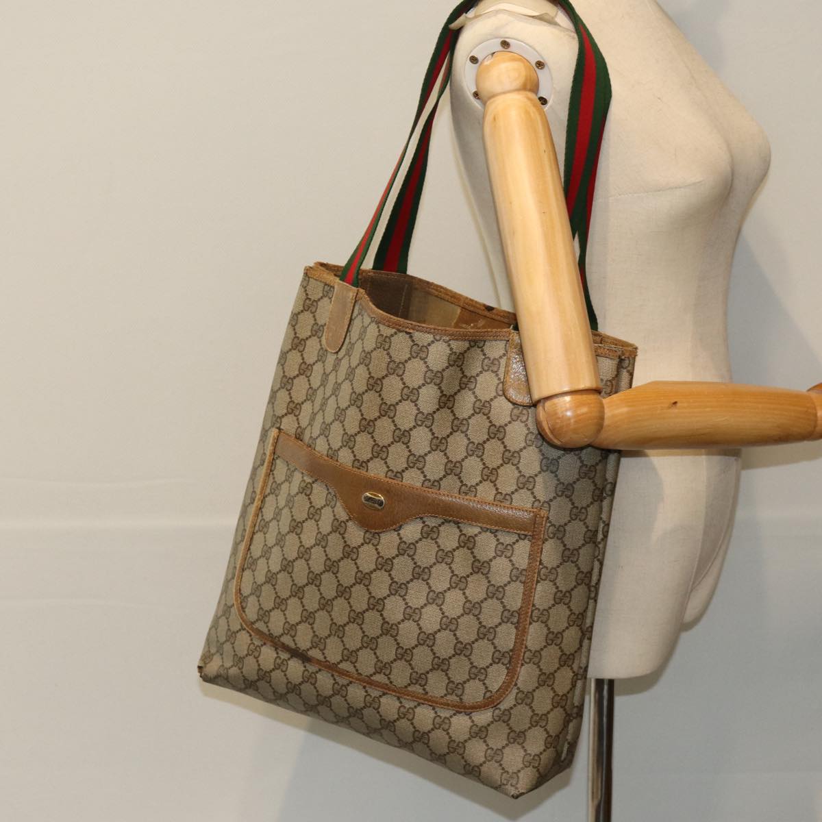 GUCCI GG Supreme Web Sherry Line Tote Bag PCVLeather Beige 39 02 003 76718