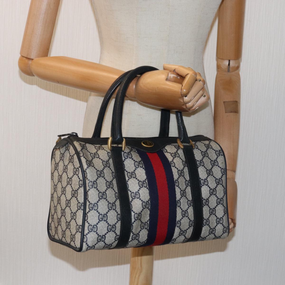 GUCCI GG Supreme Sherry Line Boston Bag PVC Navy Red 39 02 006 76811