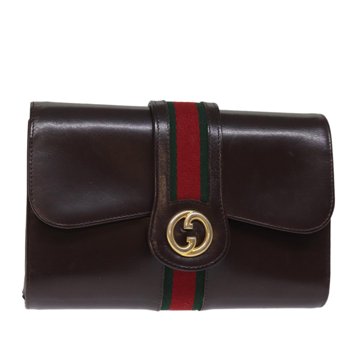 GUCCI Web Sherry Line Clutch Bag Leather Brown Red Green 76830