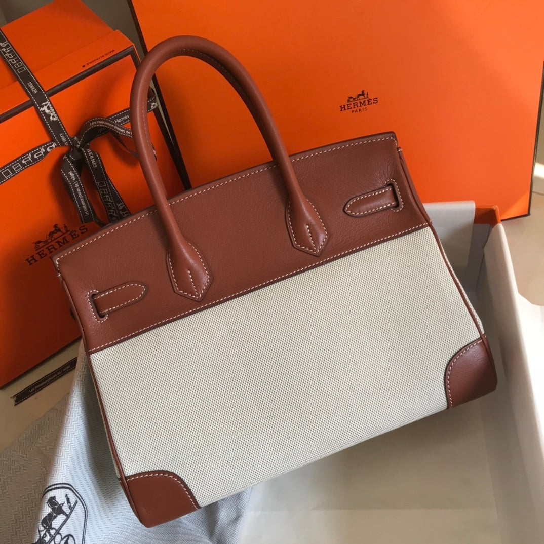 GLAMI Birkin Bag Toile and Brown Barenia with Gold Hardware For Women, Handbags, Shoulder Bags 30cm/12in