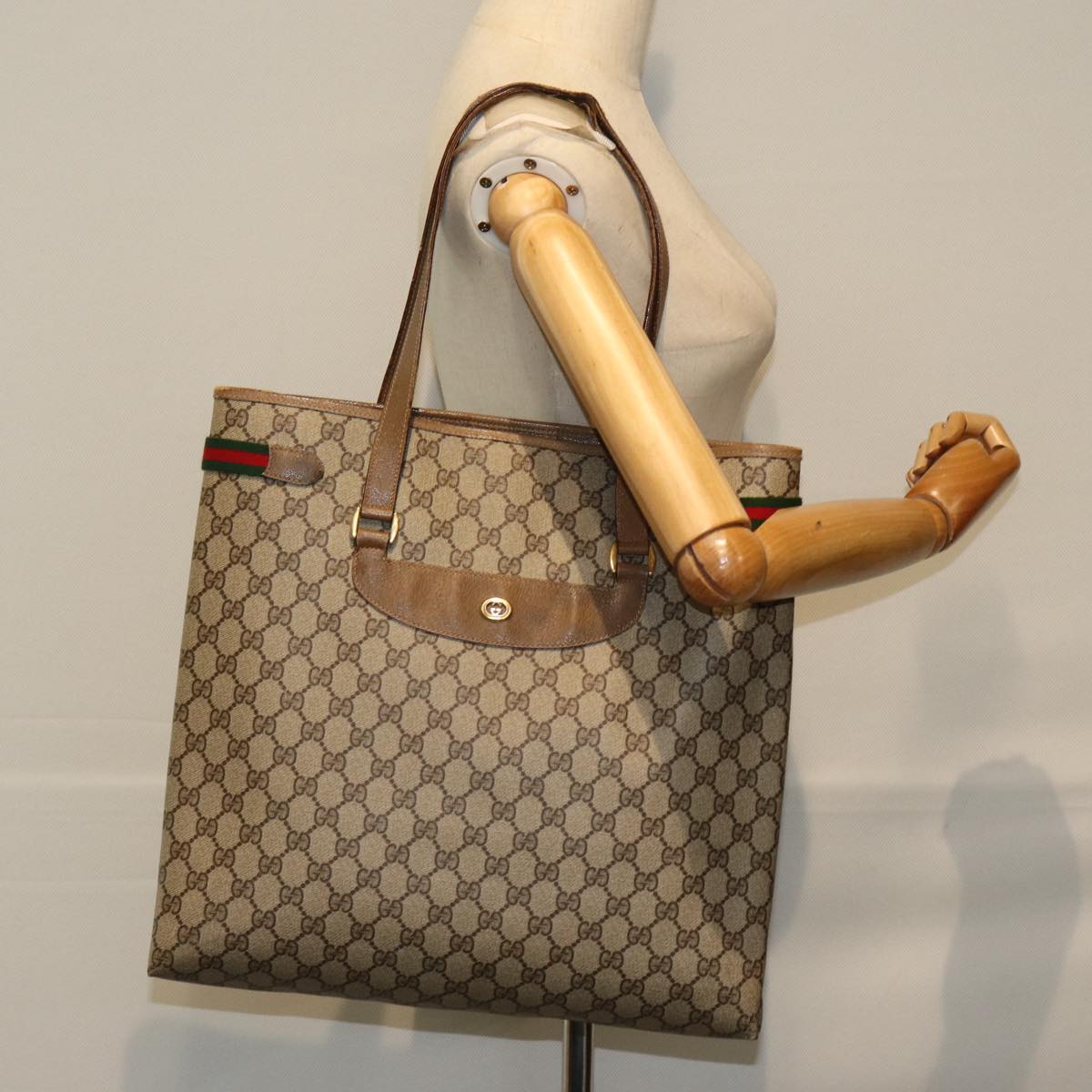GUCCI GG Supreme Web Sherry Line Tote Bag PVC Beige Red 39 02 091 77021