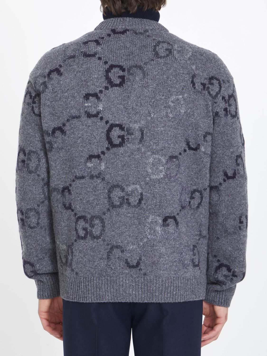 GUCCI Men's Grey Wool Cardigan with All-Over GG Intarsia