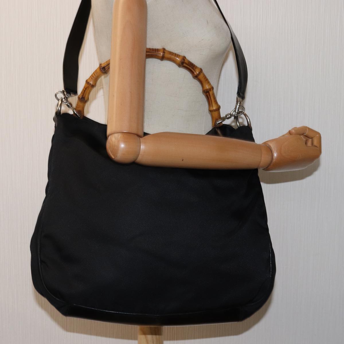 GUCCI Bamboo Hand Bag Nylon 2way Black 001 1998 1577 77365