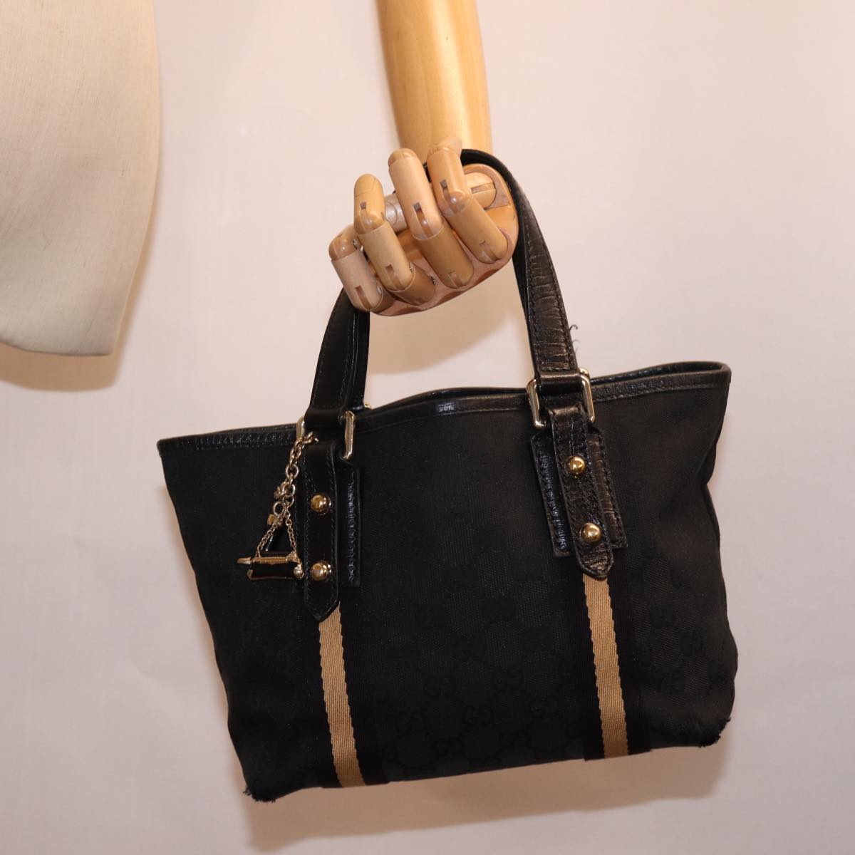 GUCCI GG Canvas Sherry Line Tote Bag Black White 139261 77661