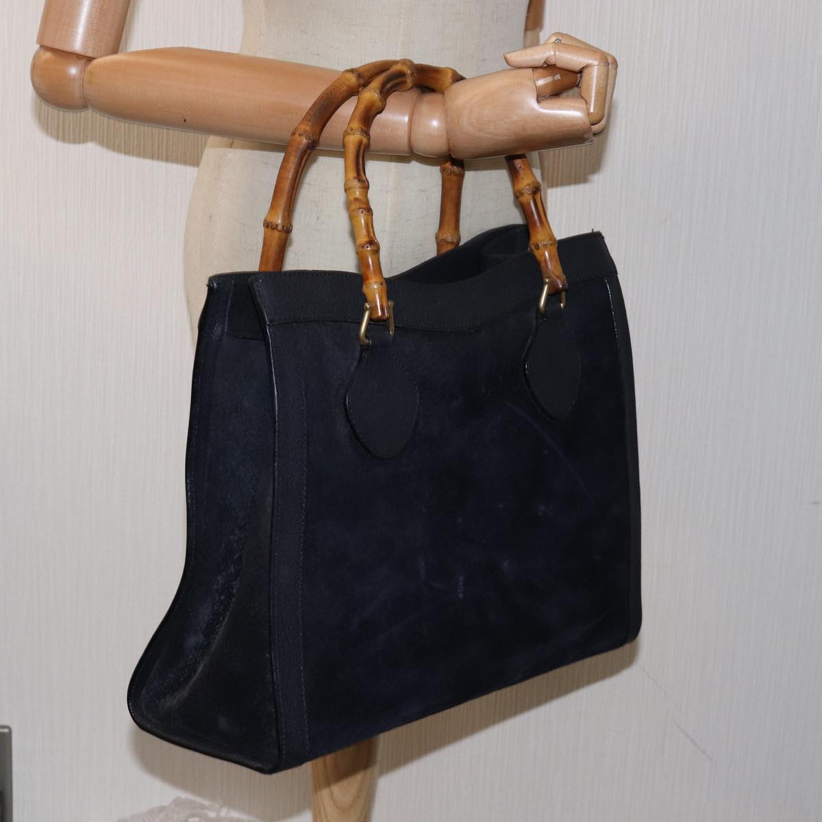GUCCI Bamboo Hand Bag Suede Navy 77669