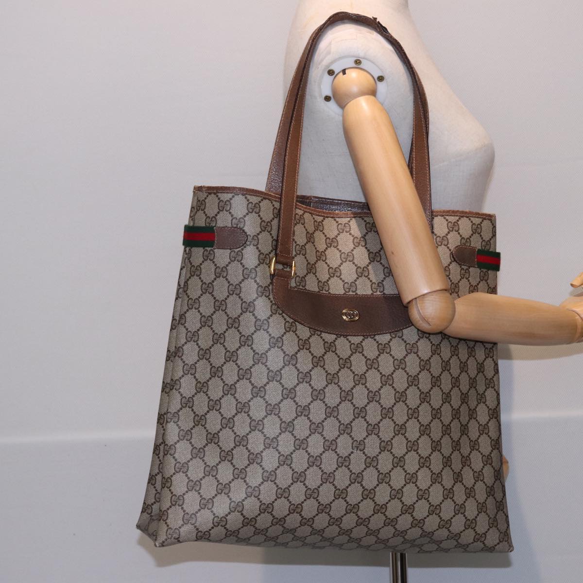 GUCCI GG Supreme Web Sherry Line Tote Bag PVC Beige Red 39 02 091 77790