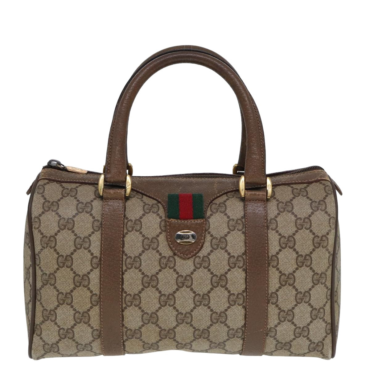 GUCCI GG Supreme Web Sherry Line Boston Bag PVC Leather Beige 78100