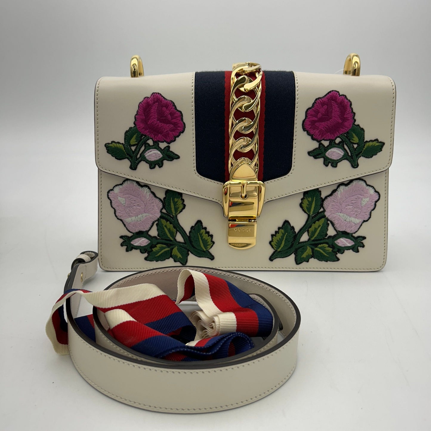 GLM-- Sylvie Shoulder Bag White Pink Multi Leather Floral Embroidery ITNS71BDBE3Q