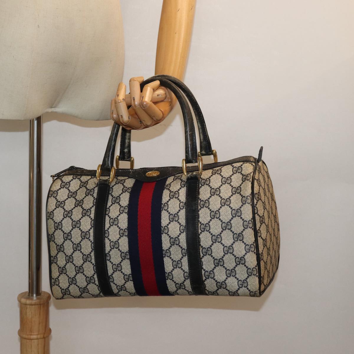 GUCCI GG Canvas Sherry Line Boston Bag Navy Red 012 3842 33 39 78228