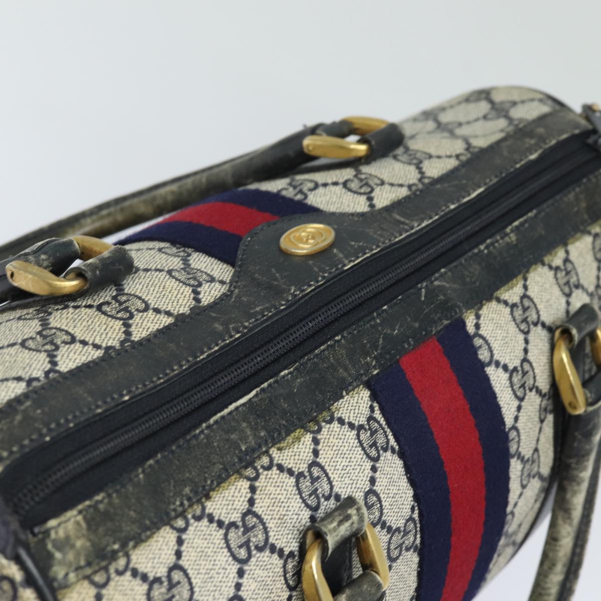 GUCCI GG Canvas Sherry Line Boston Bag Navy Red 012 3842 33 39 78228
