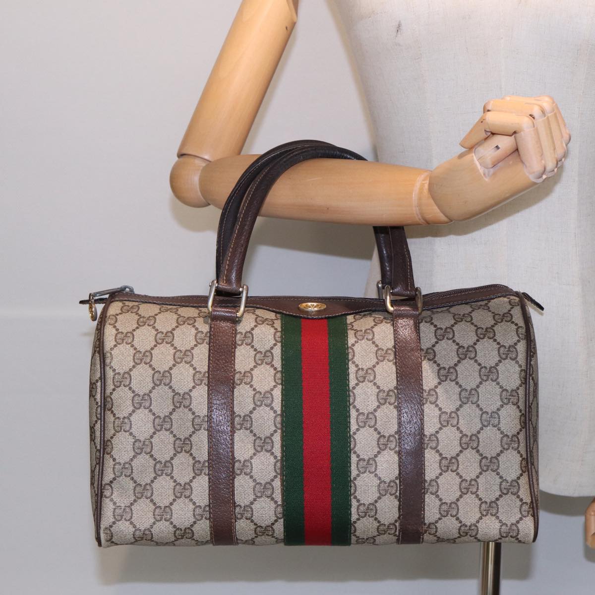 GUCCI GG Supreme Web Sherry Line Boston Bag PVC Beige Red 012 3842 78291
