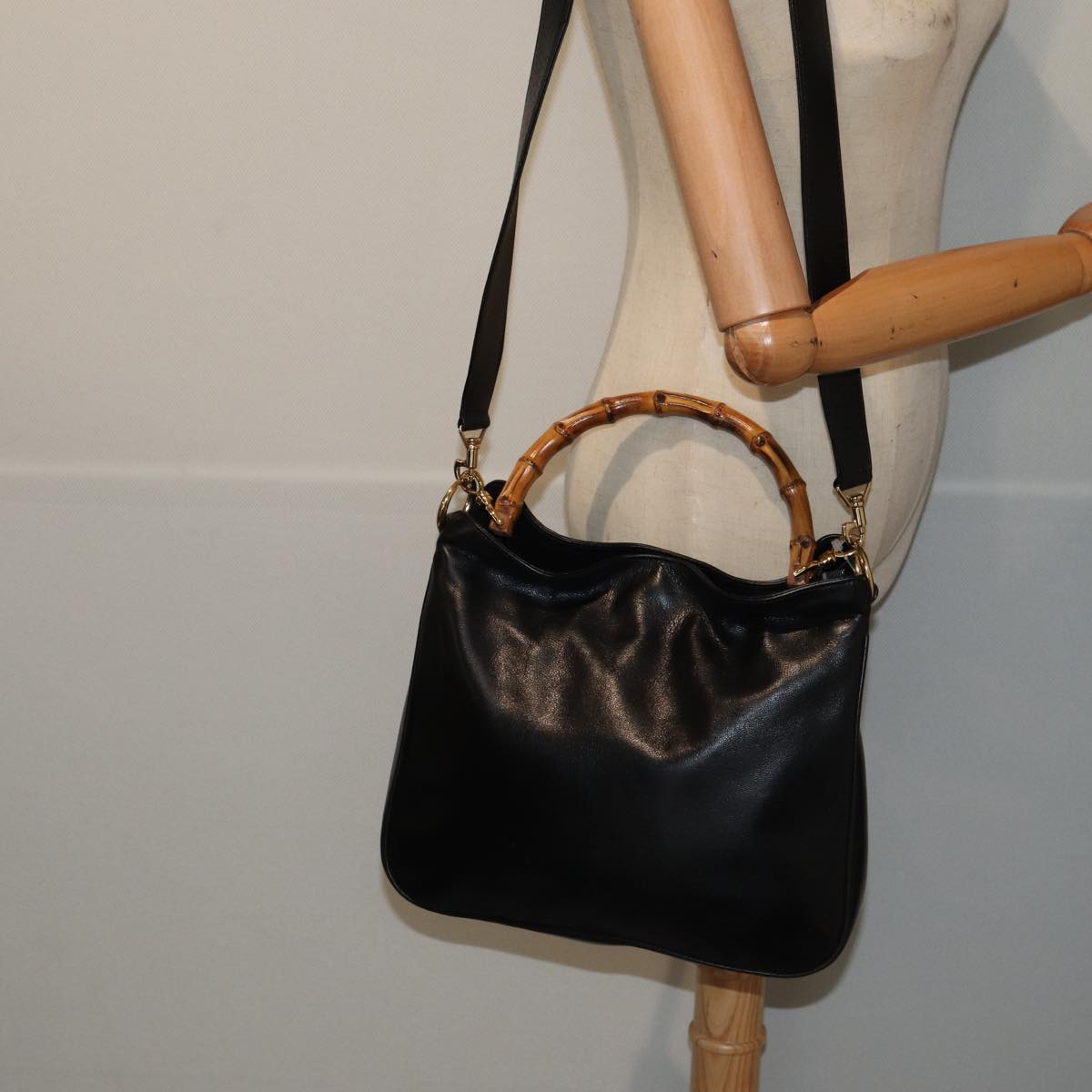 GUCCI Bamboo Shoulder Bag Leather 2way Black 001 1638 78346