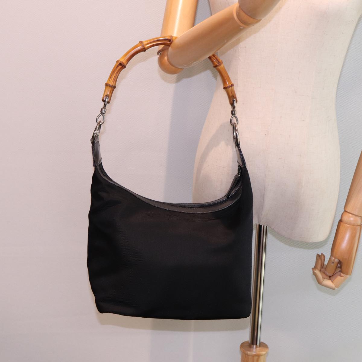 GUCCI Bamboo Hand Bag Nylon Black 000 2058 0531 5 78631