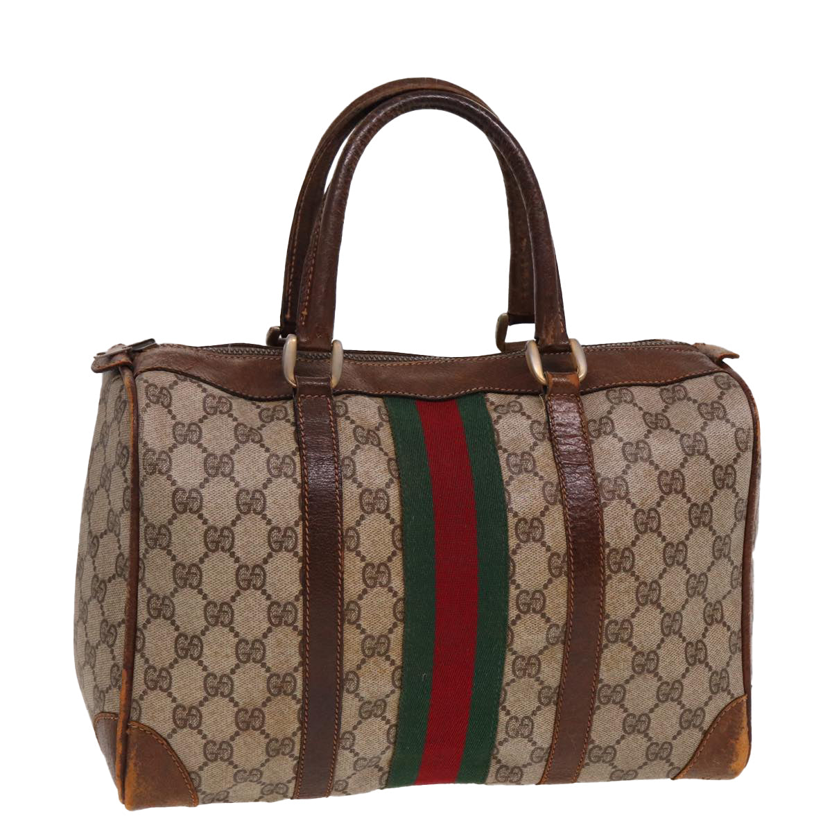 GUCCI GG Supreme Web Sherry Line Boston Bag PVC Beige Red Green 78775