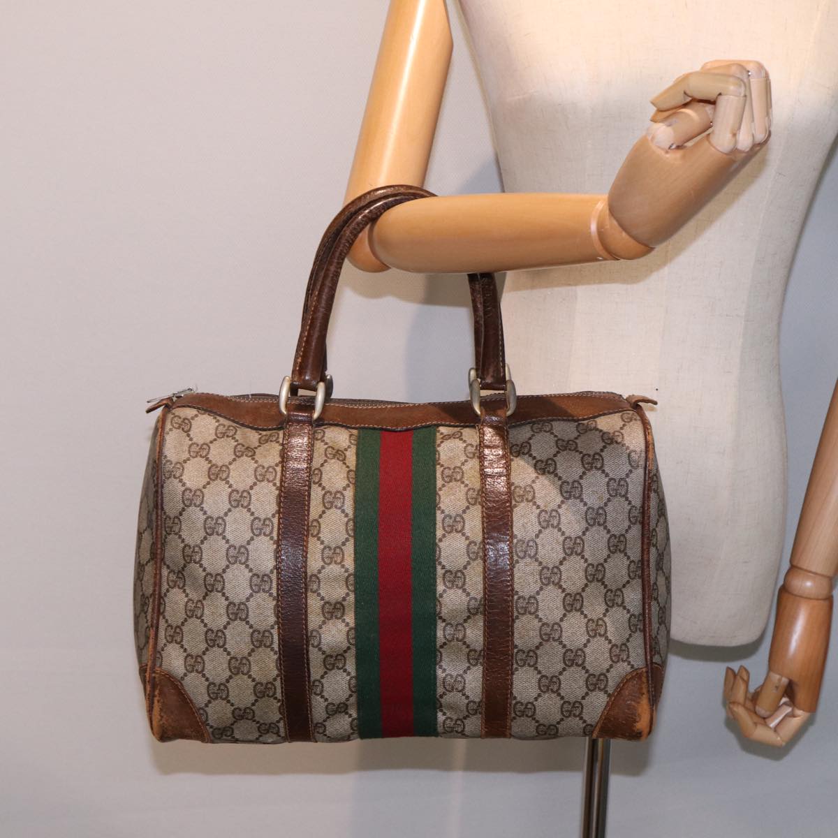 GUCCI GG Supreme Web Sherry Line Boston Bag PVC Beige Red Green 78775