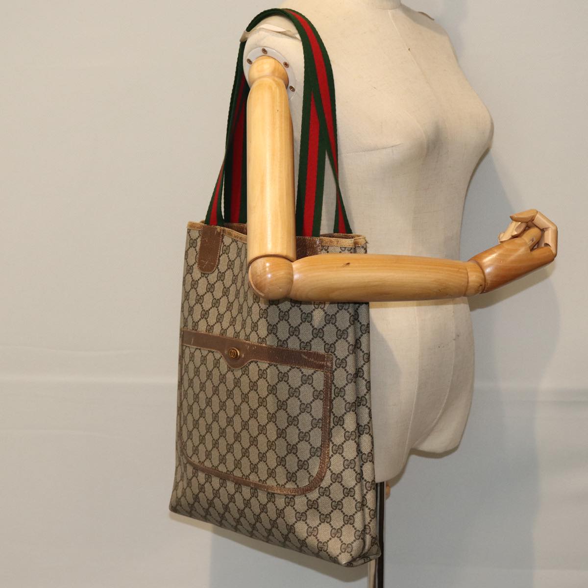 GUCCI GG Supreme Web Sherry Line Tote Bag PVC Beige Red 001 080 494 78780