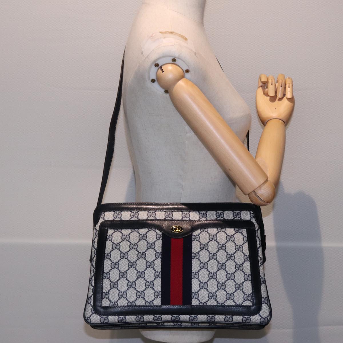 GUCCI GG Supreme Sherry Line Shoulder Bag PVC Leather Navy 010 378 78786