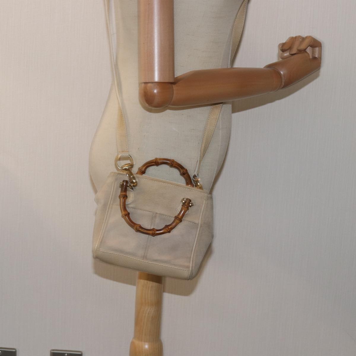 GUCCI Bamboo Hand Bag Suede 2way Beige 79215
