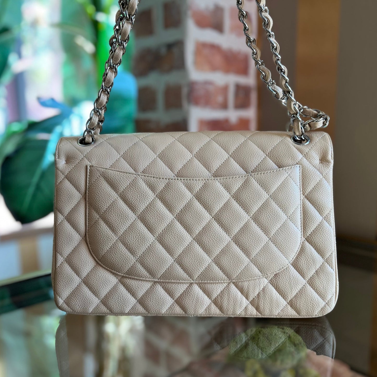 CHANEL Classic Double Flap Jumbo Beige Quilted Caviar Leather Shoulder Bag