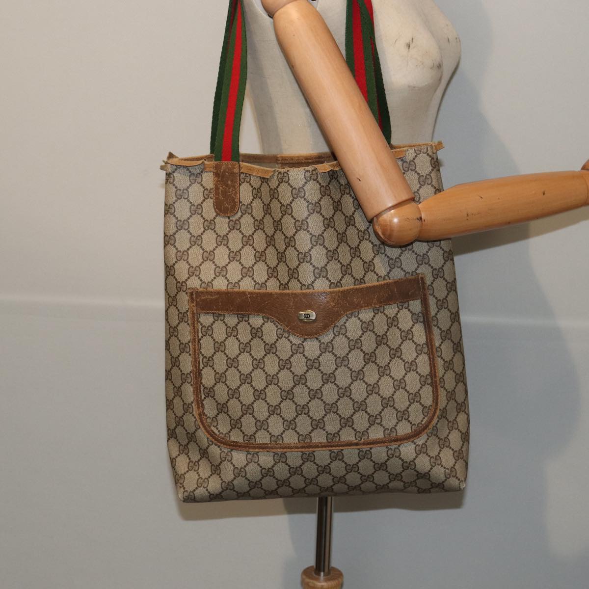 GUCCI GG Supreme Web Sherry Line Tote Bag PVC Beige Red 120 02 003 79530