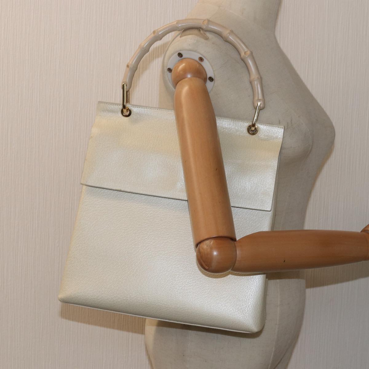 GUCCI Bamboo Hand Bag Leather White 79581