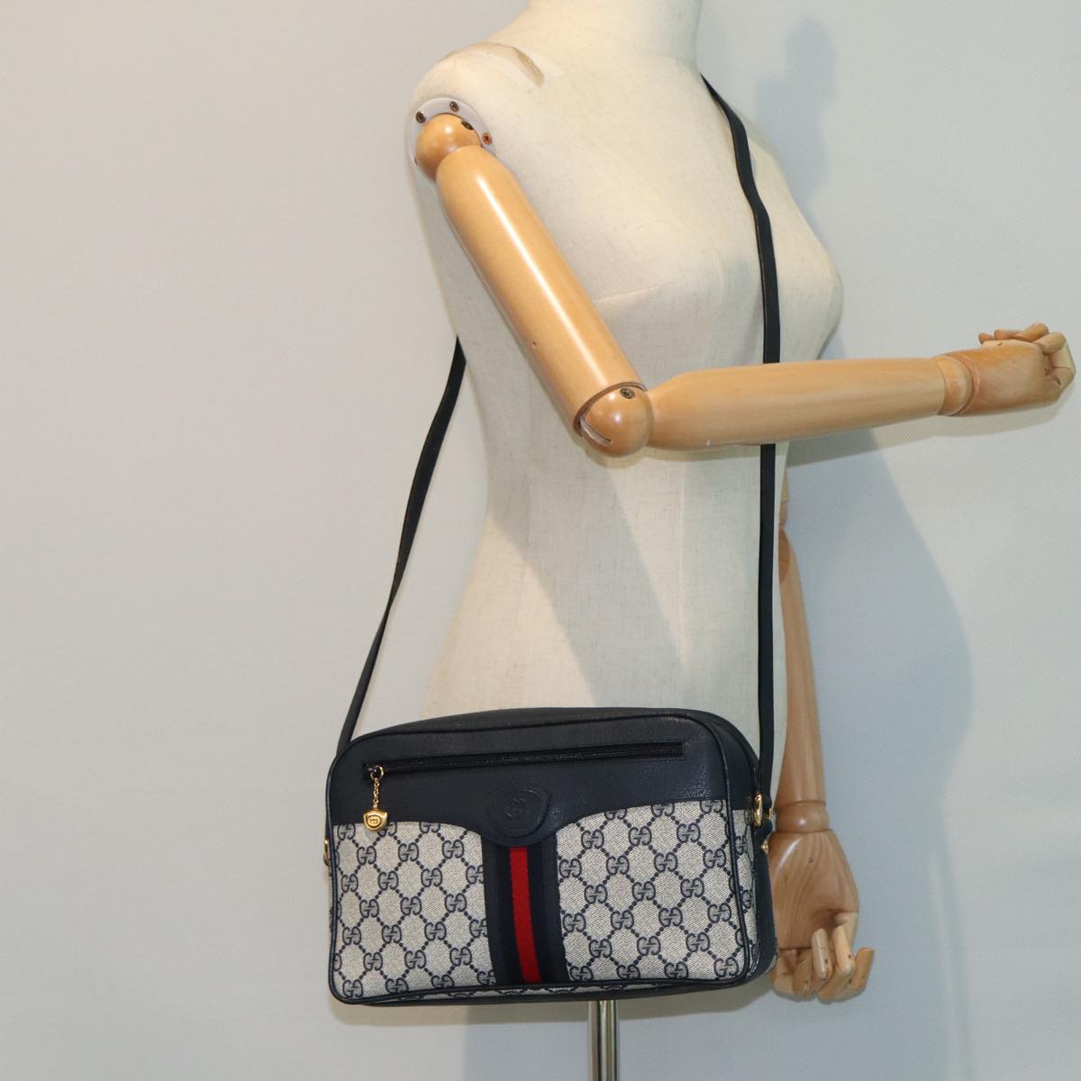 GUCCI GG Supreme Sherry Line Shoulder Bag PVC Navy Red 001 56 0860 79700