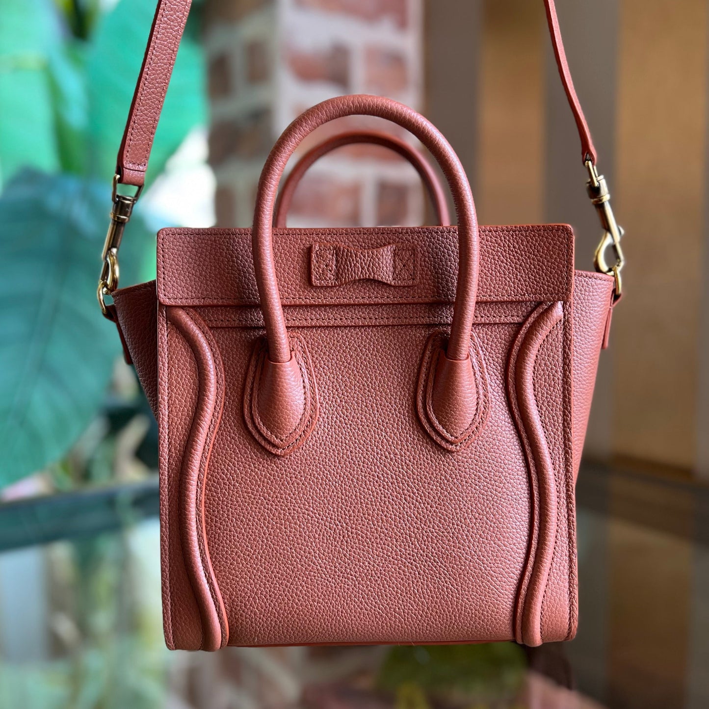 CELINE Luggage Nano Deep Salmon Drummed Calfskin Tote Bag Lychee