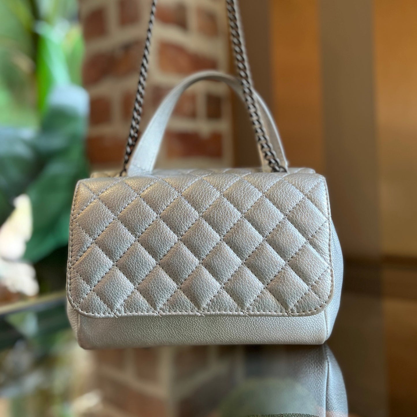 CHANEL Pilot Essentials Small Metallic Calfskin Quilted Top Handle