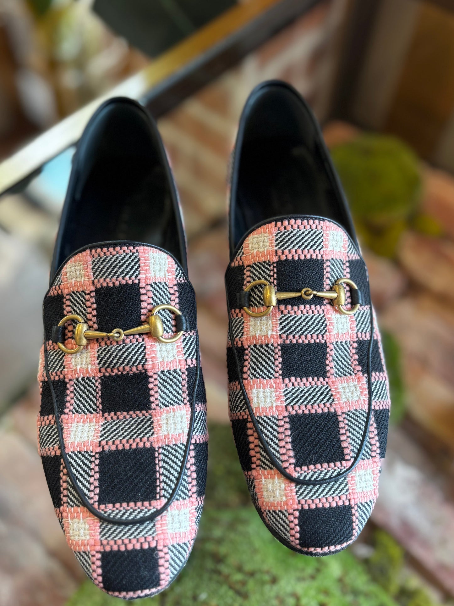 GUCCI Tweed Check Horsebit Jordaan Loafers