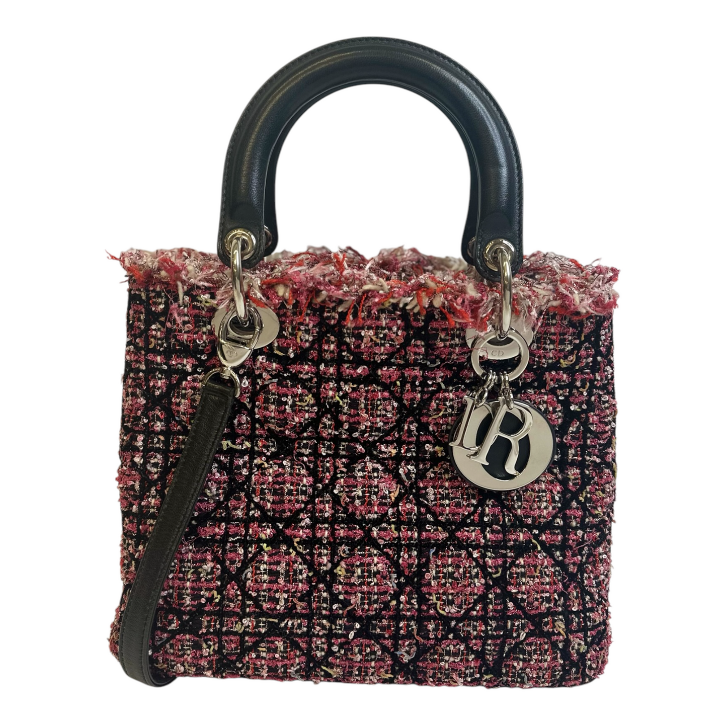 Christian Dior Tweed Fringe Cannage Embroidered Medium Lady Dior Pink Black Multicolor