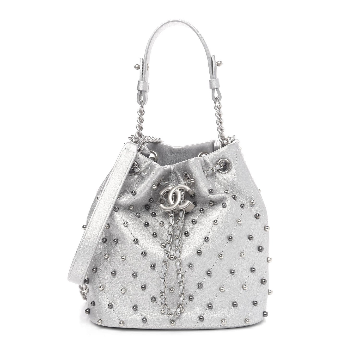 Chanel Metallic Lambskin Studded Chevron Quilted Small Stud Wars Drawstring Bag- Silver