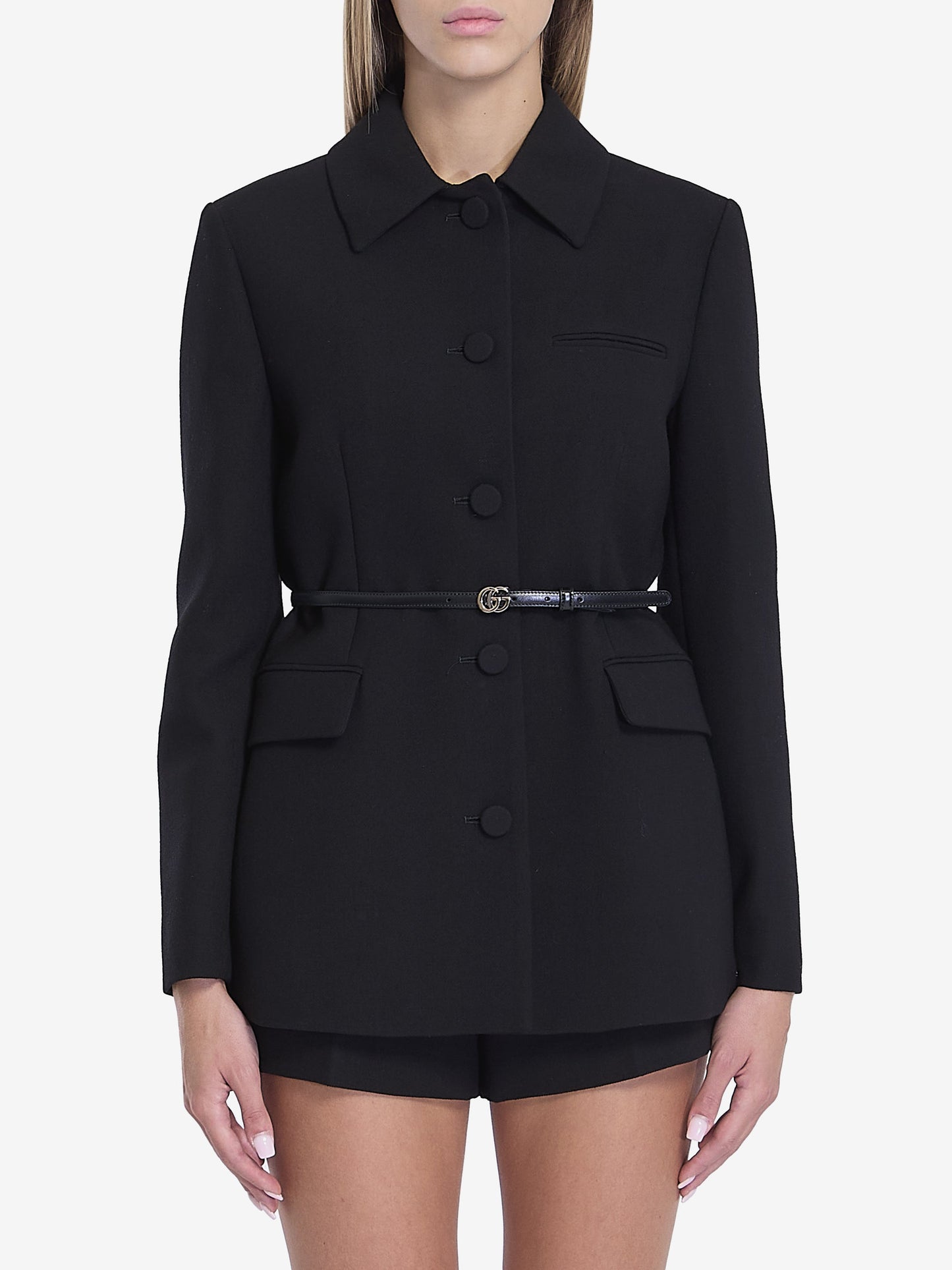 GUCCI Wool Creased Pleated Jacket with Detachable Belt - Women's Regular Fit
