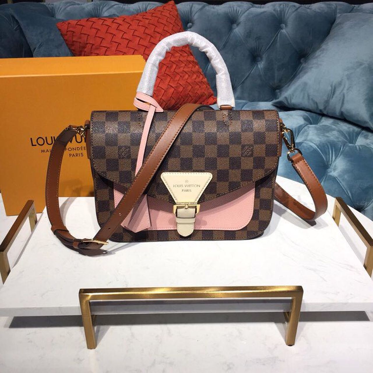 LV Beaumarchais Damier Ebene Canvas Venus Pink For Women, WomenÃ¢â‚¬â„¢s Handbags, Shoulder And Crossbody Bags 9.8in/25cm LV N40147