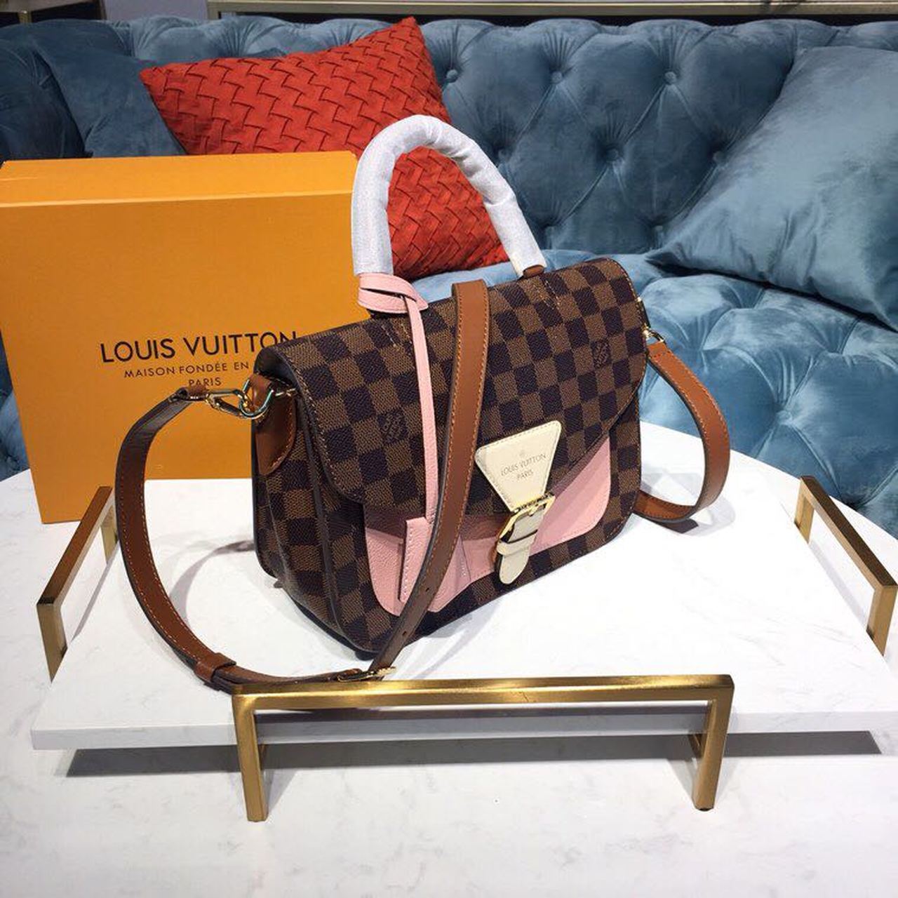 LV Beaumarchais Damier Ebene Canvas Venus Pink For Women, WomenÃ¢â‚¬â„¢s Handbags, Shoulder And Crossbody Bags 9.8in/25cm LV N40147