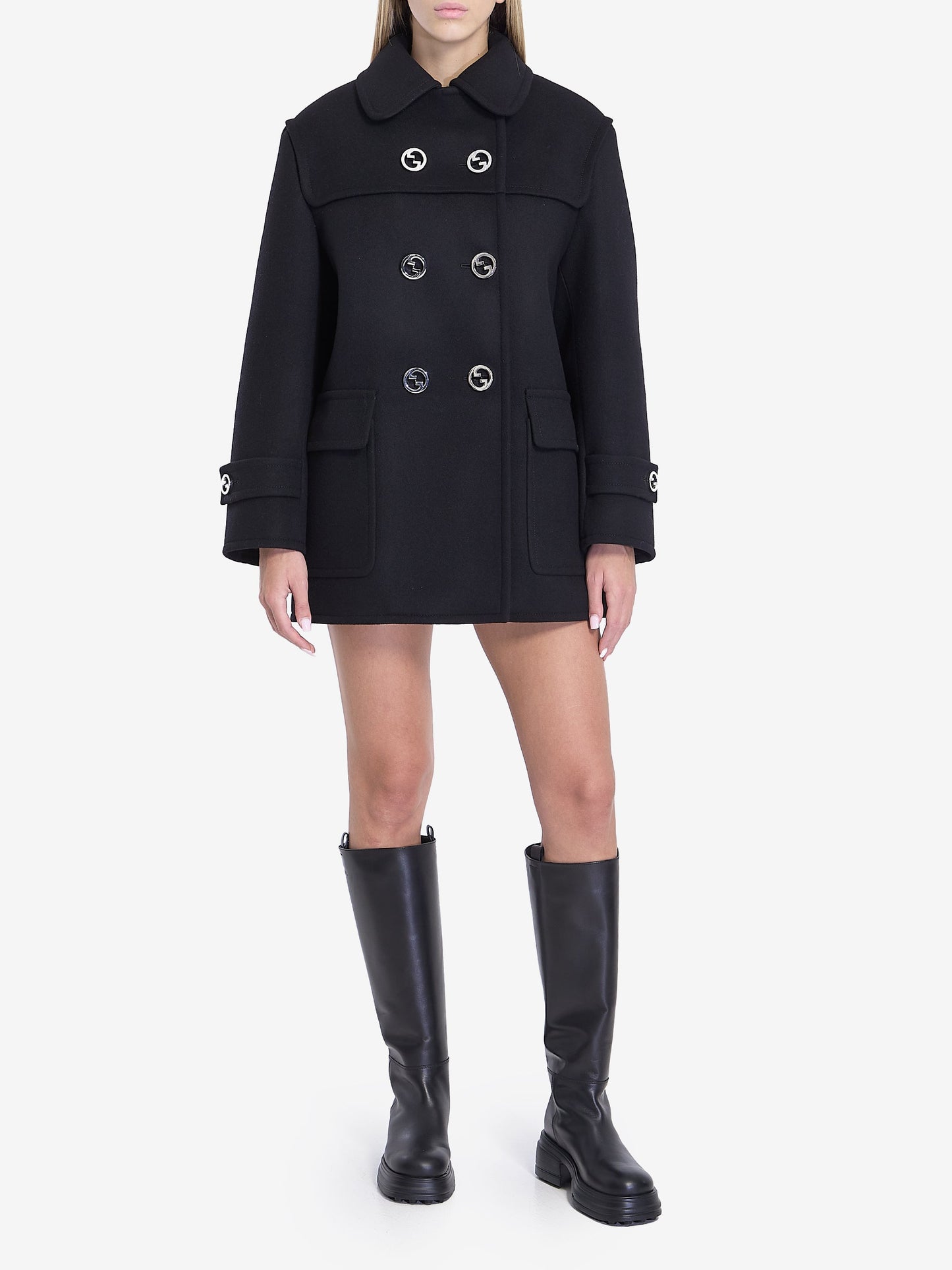 GUCCI Premium Wool Double-Breasted Jacket with Interlocking Button Detail
