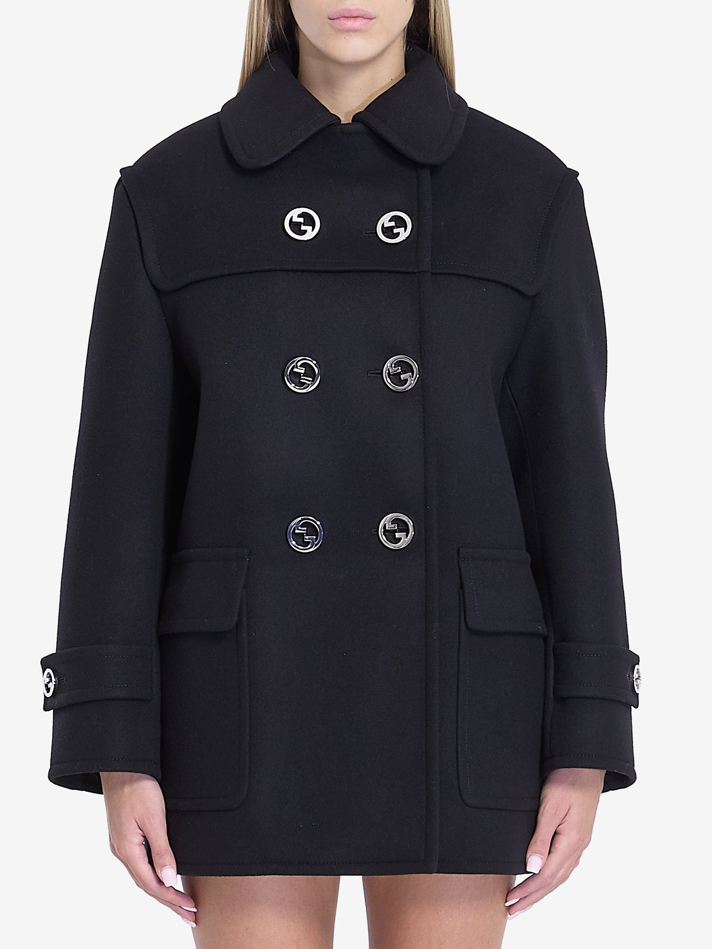 GUCCI Premium Wool Double-Breasted Jacket with Interlocking Button Detail