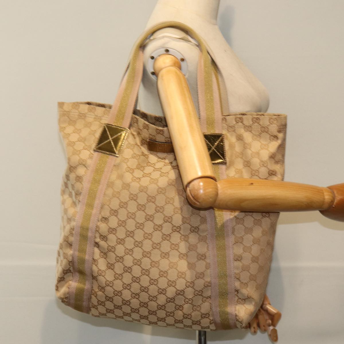 GUCCI GG Canvas Sherry Line Tote Bag Beige Pink gold 189669 80829