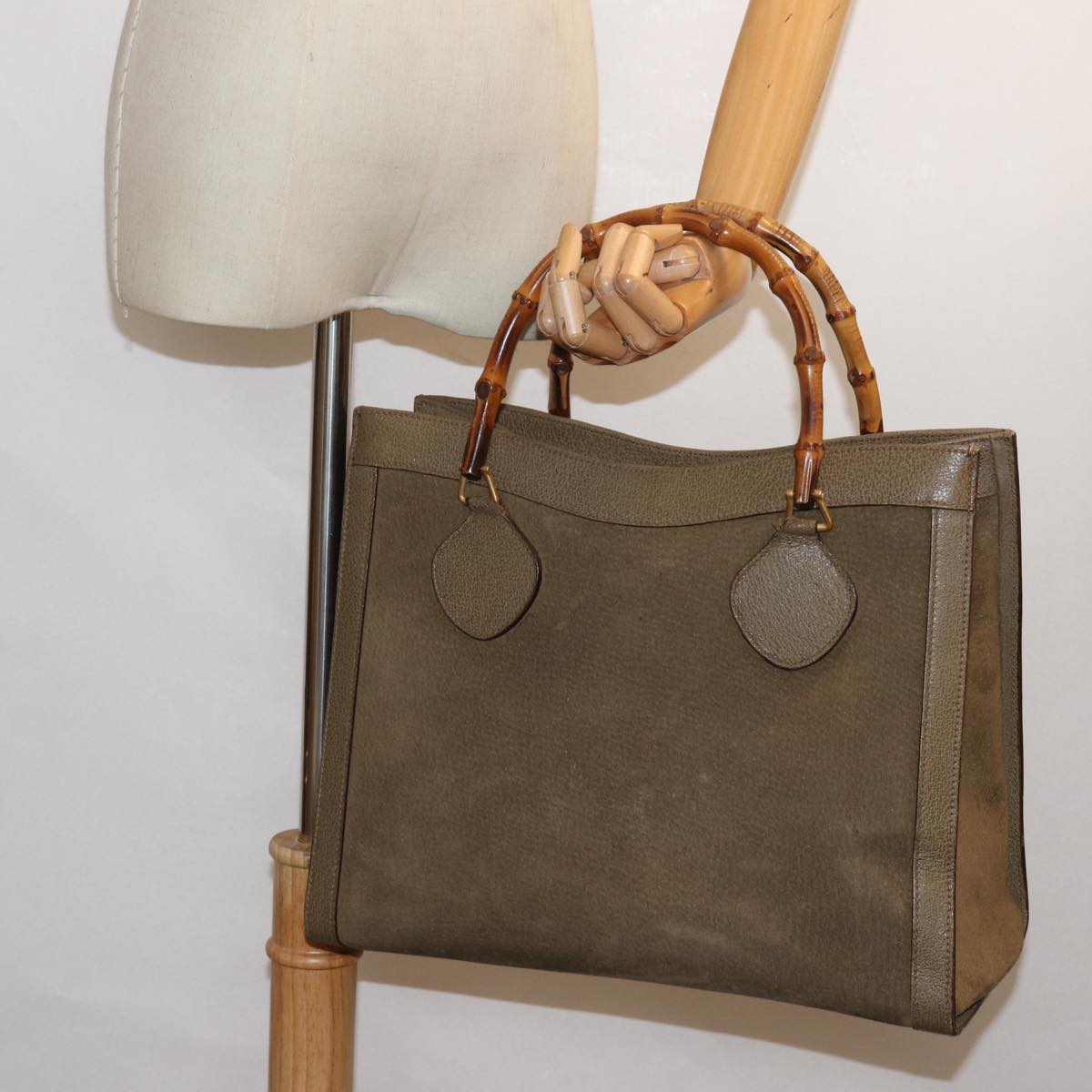 GUCCI Bamboo Hand Bag Suede Leather Khaki 002 1186 0260 80840