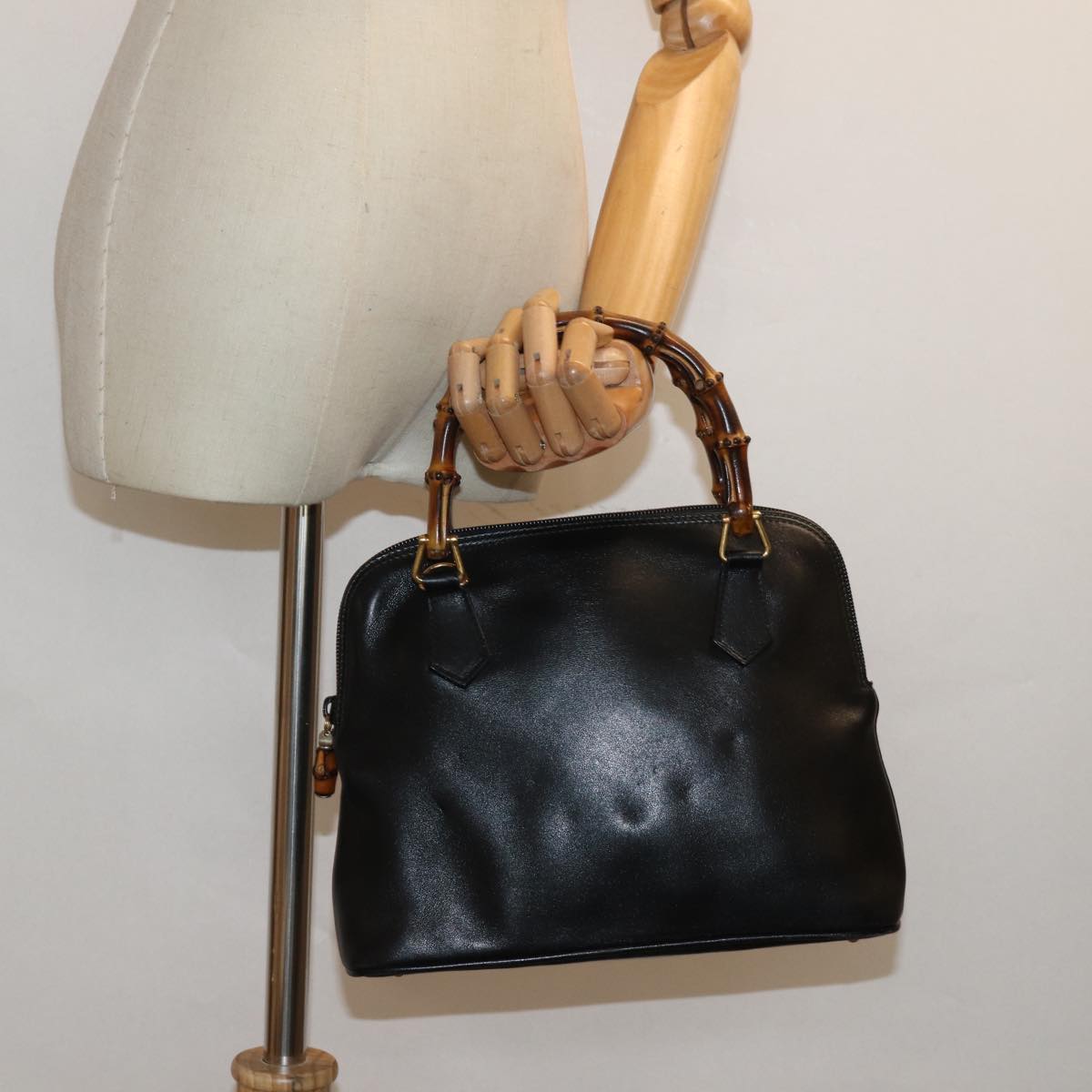 GUCCI Bamboo Hand Bag Leather Black 80943