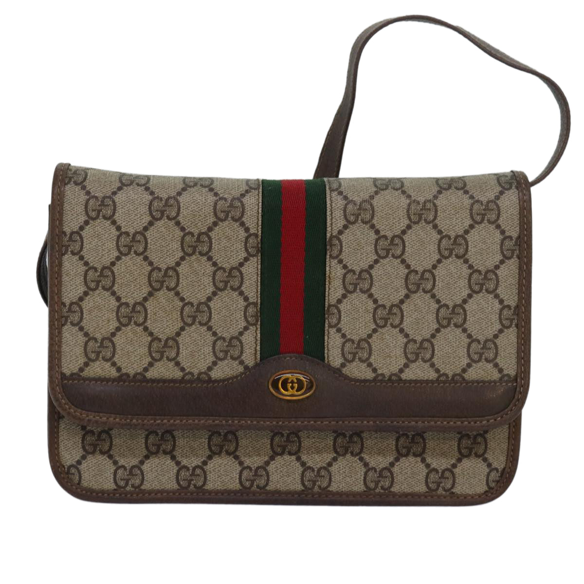 GUCCI GG Supreme Web Sherry Line Shoulder Bag PVC Leather Beige Red 81049