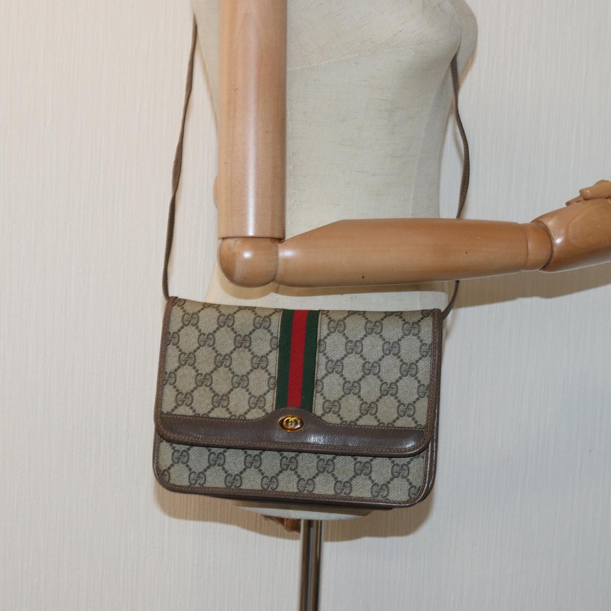 GUCCI GG Supreme Web Sherry Line Shoulder Bag PVC Leather Beige Red 81049