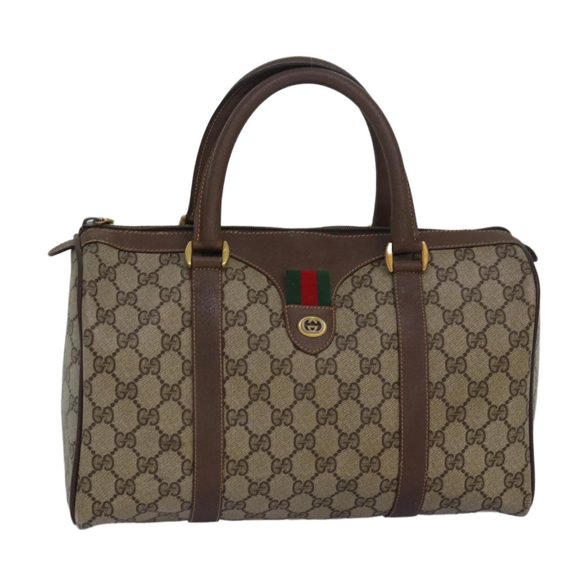 GUCCI GG Supreme Web Sherry Line Boston Bag PVC Leather Beige 81054
