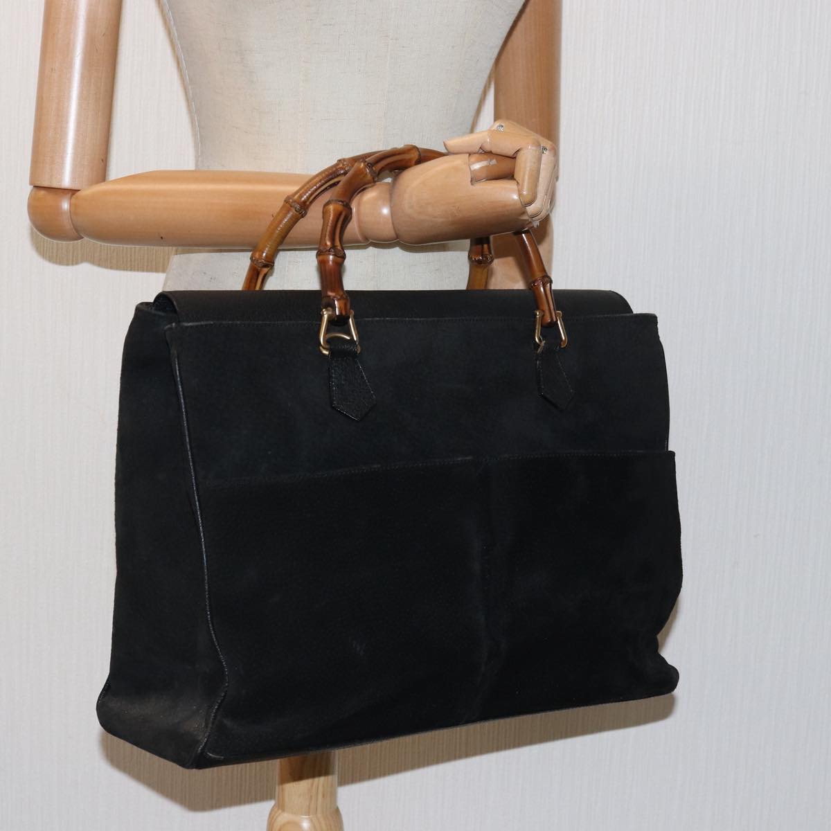 GUCCI Bamboo Tote Bag Suede Leather Black 81106