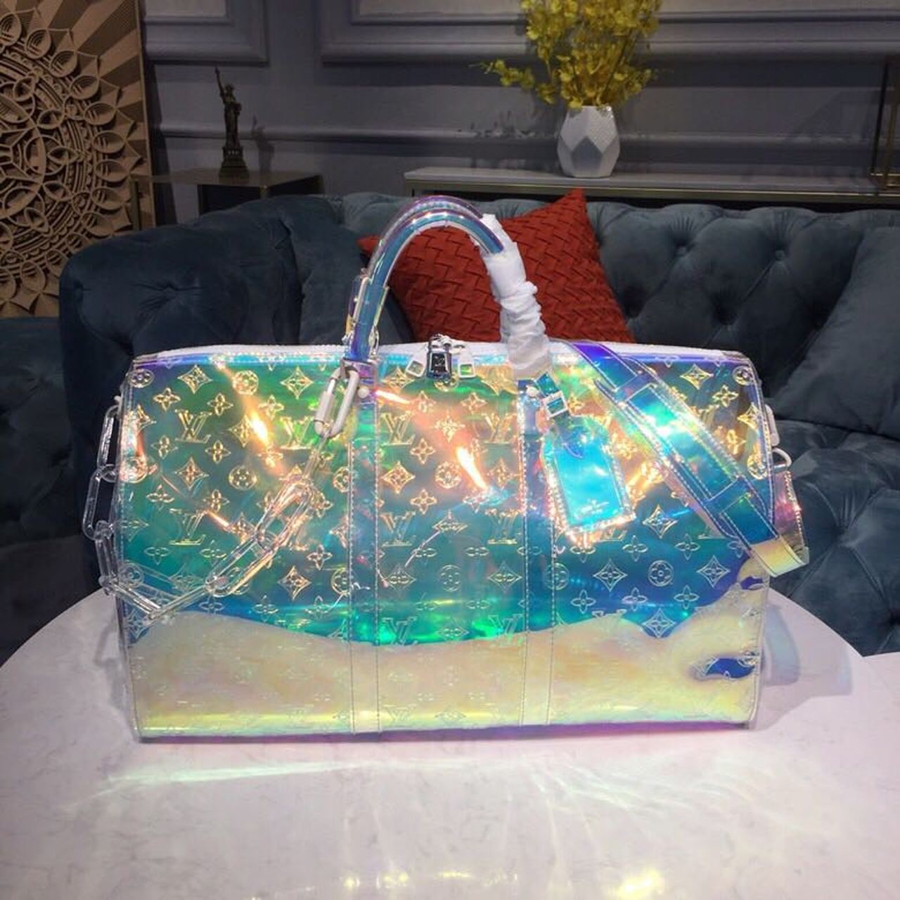 LV Keepall Bandouliere 50 Monogram PVC IridesGLAMInt Prism By Virgil Abloh For Men, Bags, Travel Bags 19.7in/50cm LV M53271