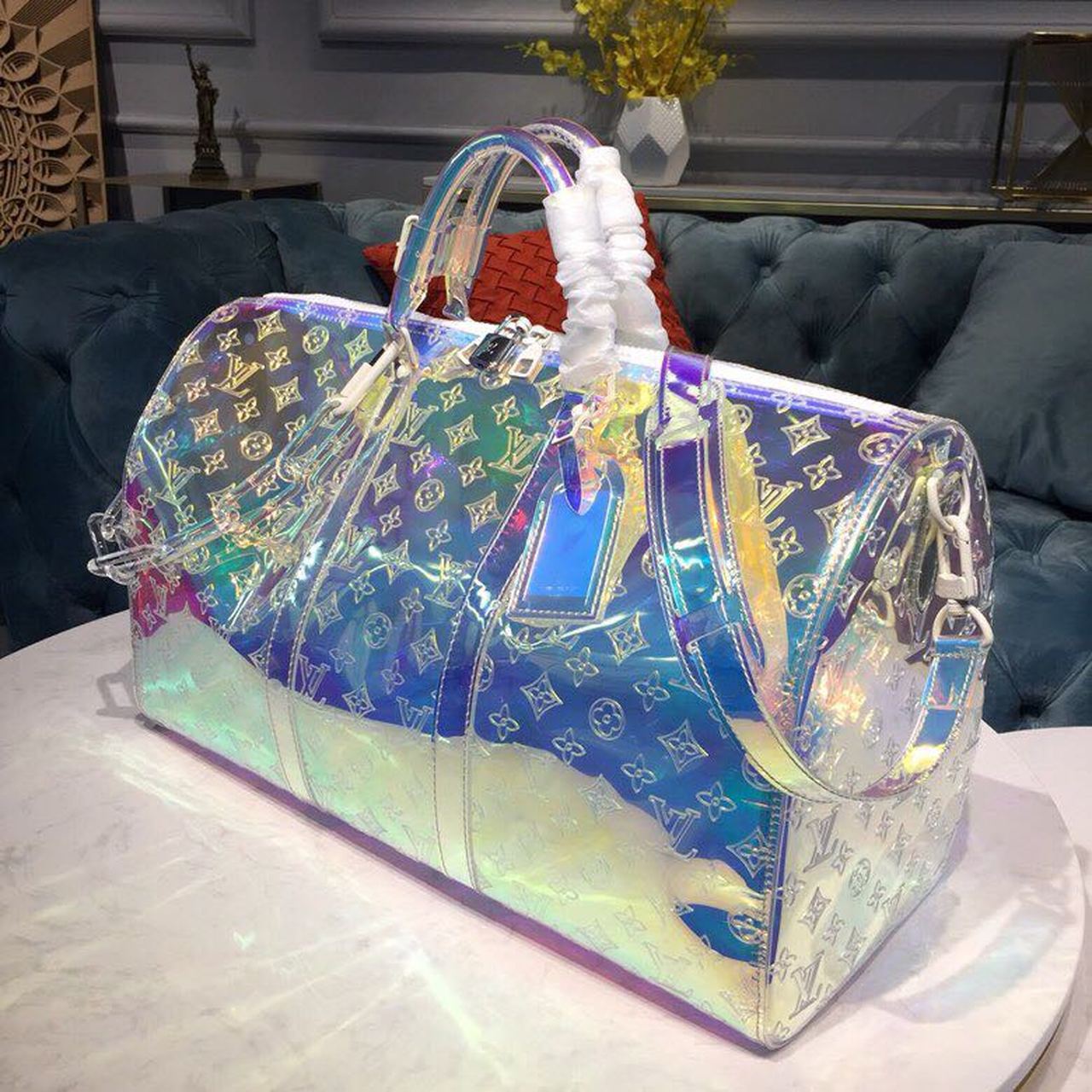LV Keepall Bandouliere 50 Monogram PVC IridesGLAMInt Prism By Virgil Abloh For Men, Bags, Travel Bags 19.7in/50cm LV M53271