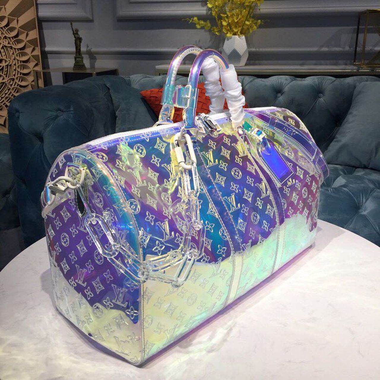 LV Keepall Bandouliere 50 Monogram PVC IridesGLAMInt Prism By Virgil Abloh For Men, Bags, Travel Bags 19.7in/50cm LV M53271