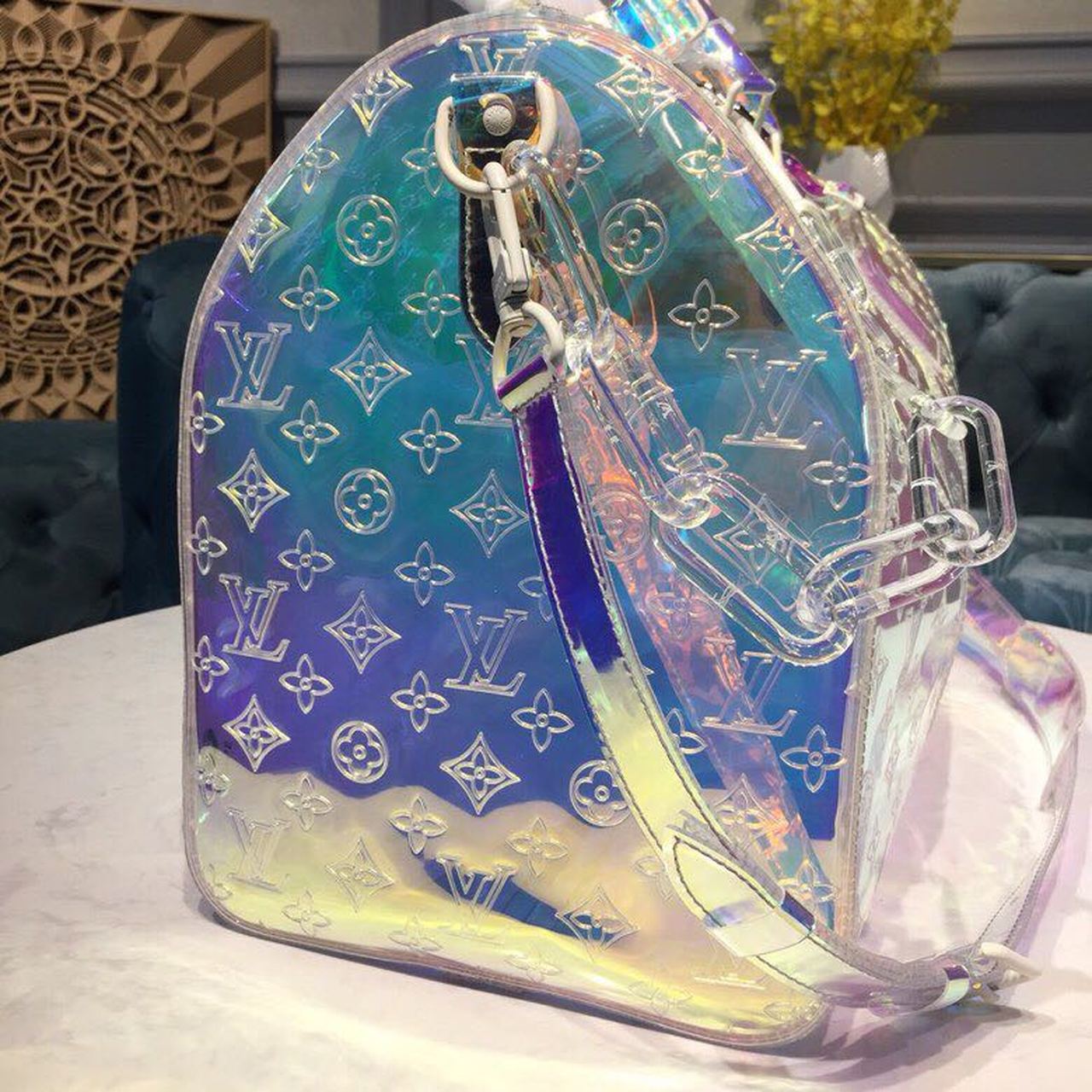 LV Keepall Bandouliere 50 Monogram PVC IridesGLAMInt Prism By Virgil Abloh For Men, Bags, Travel Bags 19.7in/50cm LV M53271
