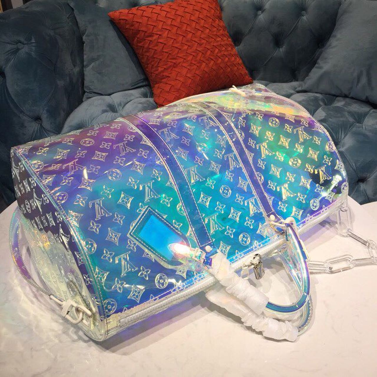 LV Keepall Bandouliere 50 Monogram PVC IridesGLAMInt Prism By Virgil Abloh For Men, Bags, Travel Bags 19.7in/50cm LV M53271